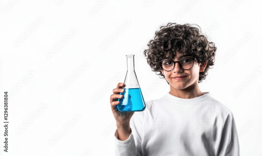 Curious Boy Holding Laboratory Flask with Blue Liquid Curious Boy Holding Laboratory Flask with Blue Liquid