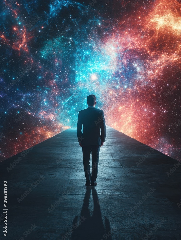 Back view of businessman walking on abstract space road. Innovation concept Back view of businessman walking on abstract space road. Innovation concept