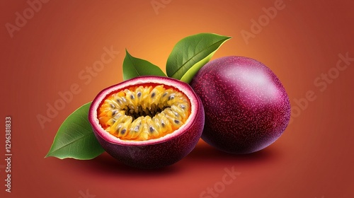 3D passion fruit realistic illustration, isolated on a red background, cut in half with leaves, close-up. for advertising and packaging design.