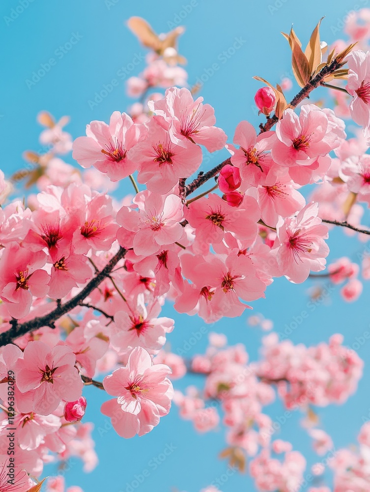 Fototapeta premium Blooming tree branches with pink flowers against blue sky. Sprin