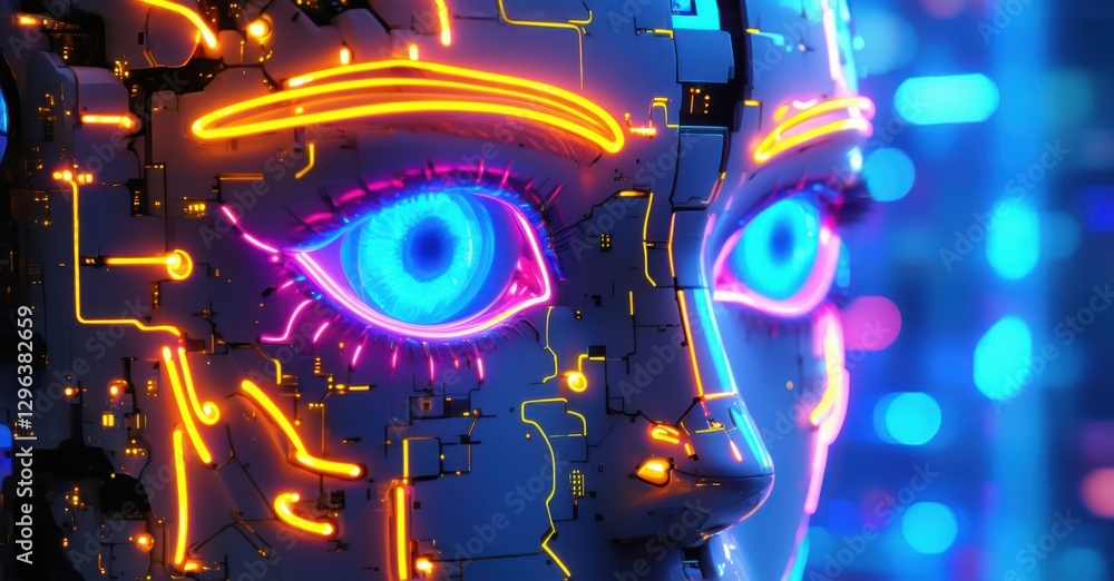 Fototapeta premium Neon sign ai awakening glowing eyes radiating electric blue energy futuristic data grid bright colorful realistic photo