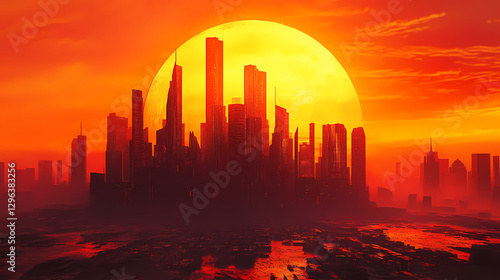 Melting cityscape, surreal cityscape, melting buildings, oversized sun, futuristic, dreamlike, surrealism, fantasy urban. Surreal Melting Architecture. Illustration
