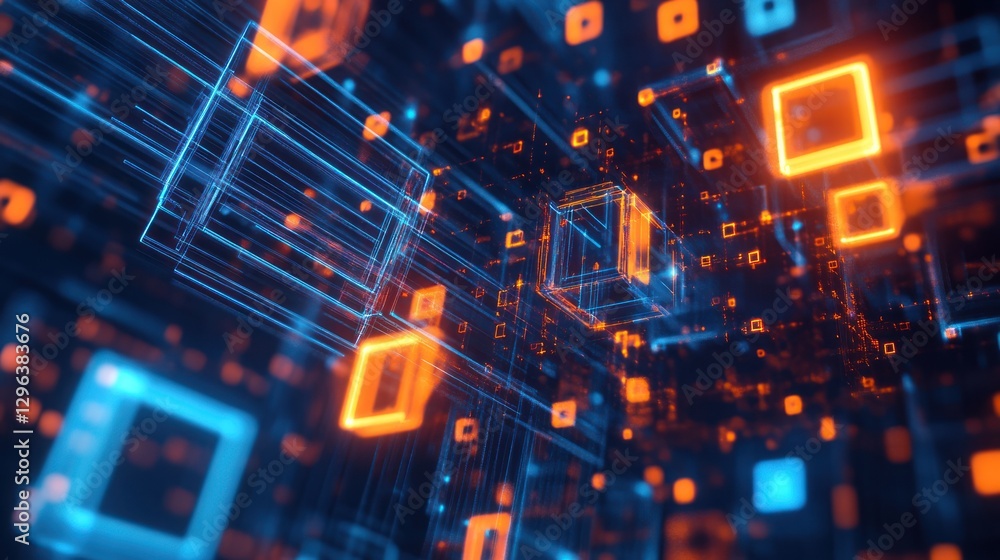Obraz premium Abstract digital network data flow, glowing cubes, background technology, website banner