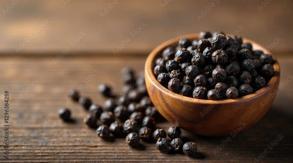 Aromatic Dark Berries in a Rustic Wooden Bowl on a Brown Wooden Surface