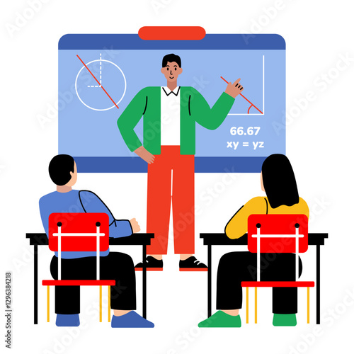 Math professor teaching students, flat style illustration