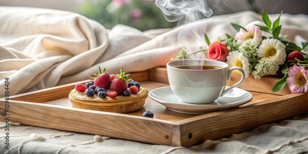 Aromatic morning tea and delightful berry pastry served on a rustic wooden tray, a peaceful and relaxing start to the day Aromatic morning tea and delightful berry pastry served on a rustic wooden tray, a peaceful and relaxing start to the day