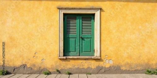 Aged Yellow Wall with Green Wooden Window Shutters and Weathered Stone Sill