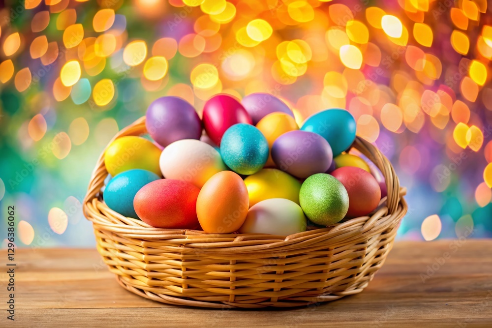 Easter Eggs in Basket, Spring Festive Bokeh Background, Colorful Decor Easter Eggs in Basket, Spring Festive Bokeh Background, Colorful Decor