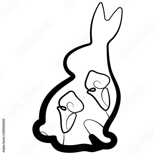 simple icon of Easter bunny sitting on hind legs and turned to right side with calla lily buds in line art style drawn with original outline, for logos and various designs