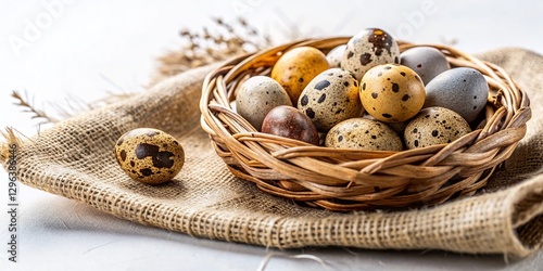 Easter Quail Eggs in Basket & Linen Napkin - Spring Festive Macro Photography