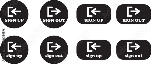 Login and logout icon set Set of sign out, Sign in vector vector collection. Open and close door symbol. Black exit and enter arrow, trendy flat style isolated on transparent background.