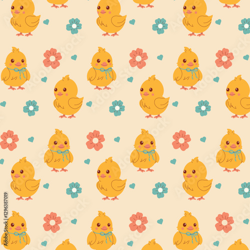 A seamless Easter pattern featuring adorable yellow chicks with bows, surrounded by flowers and hearts. Perfect for greeting cards, wrapping paper, fabric, invitations, and festive designs.