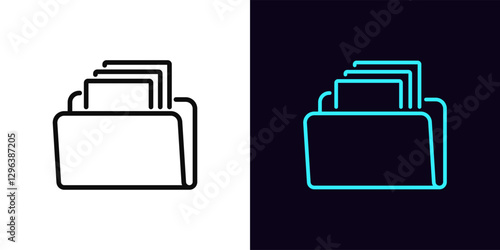 Outline file archive icon, with editable stroke. Digital folder with documents, data storage organize. File management, digital data catalog, document copy repository, database archive. Vector icon