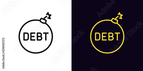 Outline debt bomb icon, with editable stroke. Bomb with text Debt and burning fuse, finance risk management. Debt loan and credit burden, default risk, financial problems, economy stress. Vector icon
