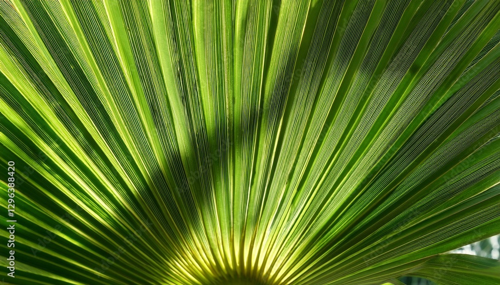 Fototapeta premium close up of sunlit green palm leaf with vibrant lighting and detailed texture concept of tropical design nature photography and eco branding