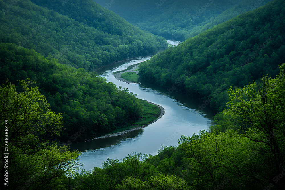 A twisting river winding through a lush green valley A twisting river winding through a lush green valley