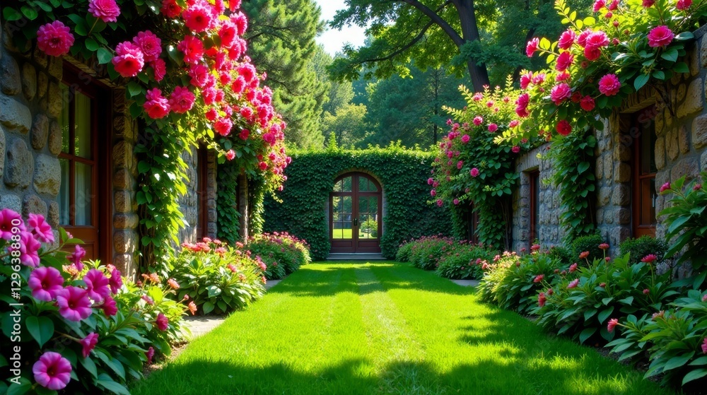 Fototapeta premium Serene Garden Path Leading to an Archway Between Stone Buildings Flanked by Vibrant Blossoms