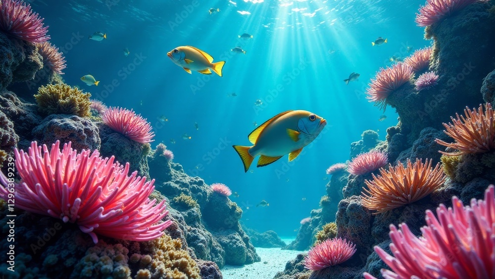 Fototapeta premium Sunlit Ocean Depths Vibrant Coral Reef Ecosystem with Colorful Fish Swimming Amidst Lush Pink Anemones and Various Marine Life