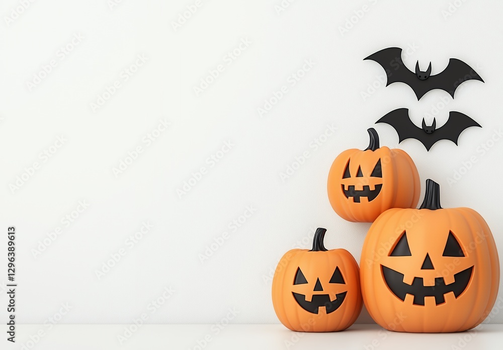 Three Orange Pumpkins and Black Bats on White Textured Background Three Orange Pumpkins and Black Bats on White Textured Background