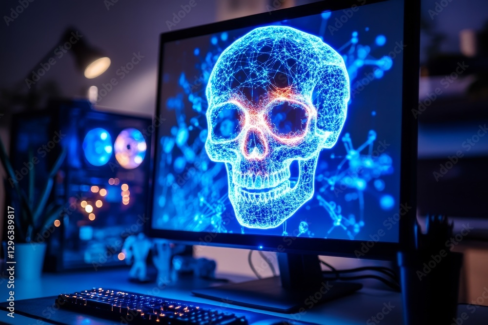 Visualization of a glowing skull on a computer screen showcasing data connectivity in a dark room Visualization of a glowing skull on a computer screen showcasing data connectivity in a dark room