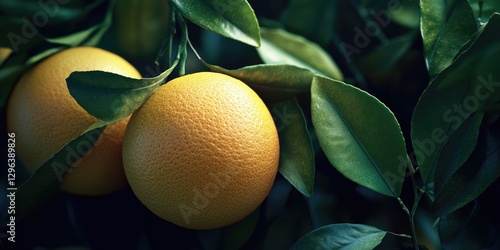 Fresh ripe oranges hanging from tree in close up shot.