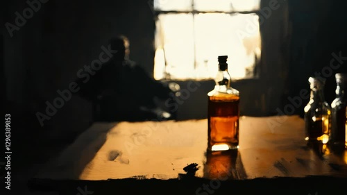 A noir detective office scene with a half-empty whiskey bottle on the desk and a man sitting in the shadows under dramatic lighting. An animated comics illustration.
