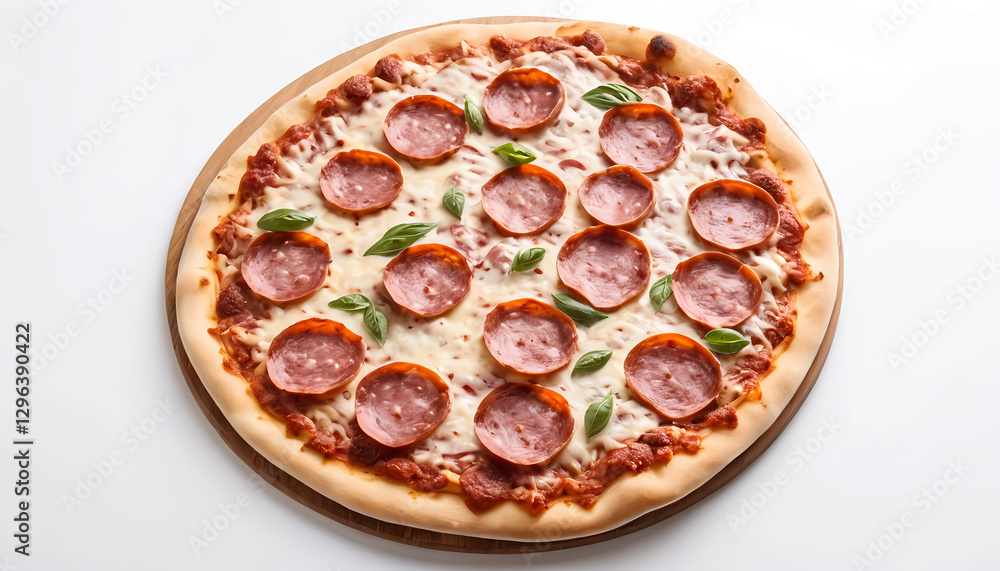 Delicious Pepperoni Pizza with Fresh Basil on a Wooden Board Delicious Pepperoni Pizza with Fresh Basil on a Wooden Board