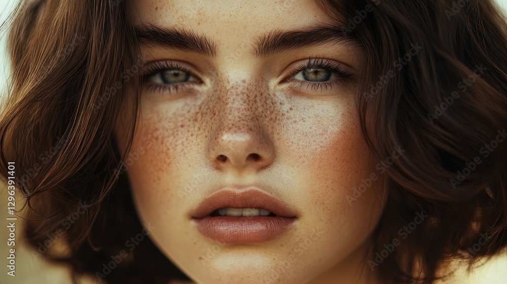 A woman is face, framed by cascading brown hair, is adorned with a short, stylish hairstyle that accentuates her youthful charm. Her skin, adorned with freckles, adds an ethereal touch to her beauty. A woman is face, framed by cascading brown hair, is adorned with a short, stylish hairstyle that accentuates her youthful charm. Her skin, adorned with freckles, adds an ethereal touch to her beauty.