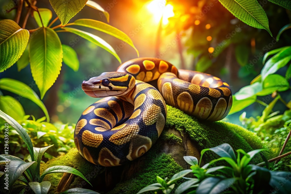 Naklejka premium Elegant Ball Python in Lush Rainforest Habitat - Stock Photo