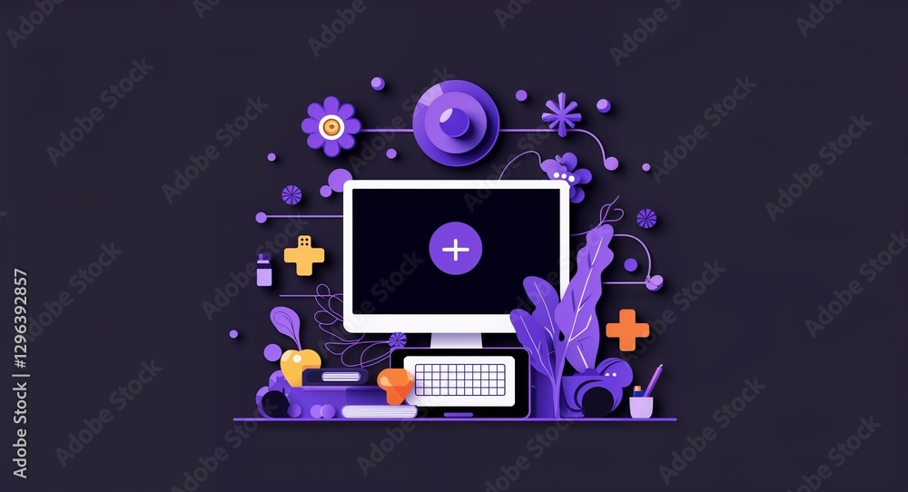 purple thematic elements abstract cartoon on plain dark black background illustration purple thematic elements abstract cartoon on plain dark black background illustration