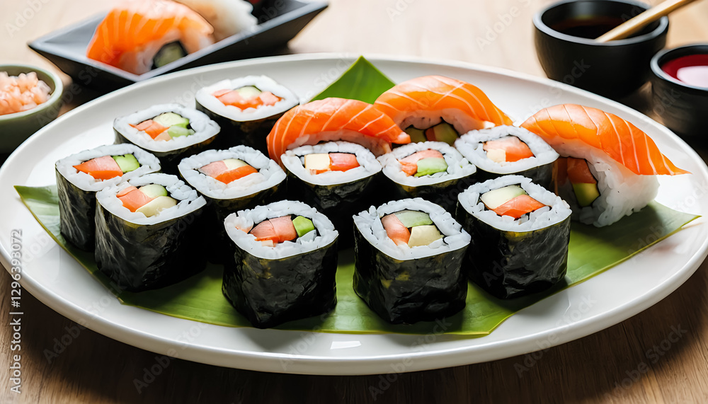 Colorful Sushi Platter of Fresh Fish and Vegetables on White Plate Colorful Sushi Platter of Fresh Fish and Vegetables on White Plate