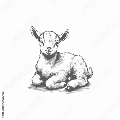 Playful Hand Drawn Illustration of a Baby Goat (Kid), a Lively Young Farm Animal with an Adorable and Energetic Spirit from the Green Countryside