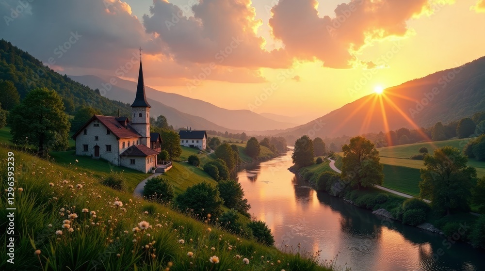 Obraz premium Serene Sunset over Picturesque River Valley with Charming Church and Homes