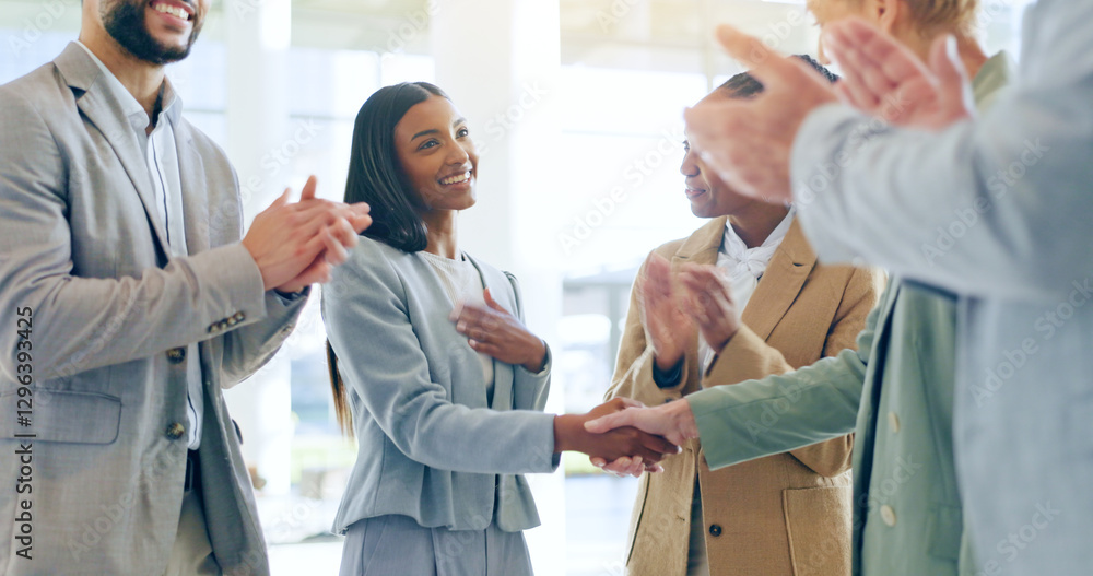 Obraz premium Business people, woman and handshake with applause, congratulations and happy for success in finance company. Group, welcome and thanks with promotion, celebration and b2b agreement with recruitment