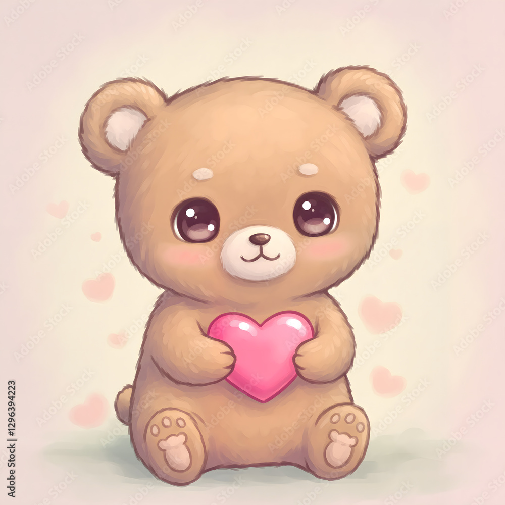 Obraz premium Cute teddy bear holding pink heart in soft illustration style