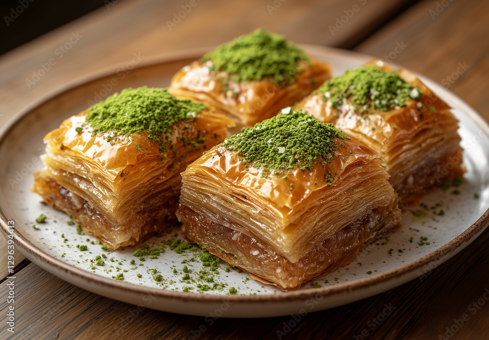 Bison and Baklava on a Rustic Wooden Table Bison and Baklava on a Rustic Wooden Table