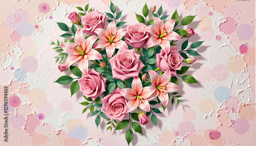 Heart-shaped floral arrangement of roses and lilies, Women's Day celebration