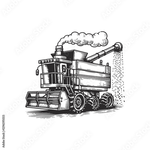 Detailed hand-drawn combine harvester illustration, depicting an agricultural machine in vintage sketch style.