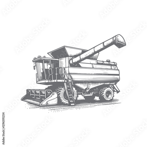 Hand-drawn farming equipment illustration featuring a classic combine harvester in a rustic and vintage style.