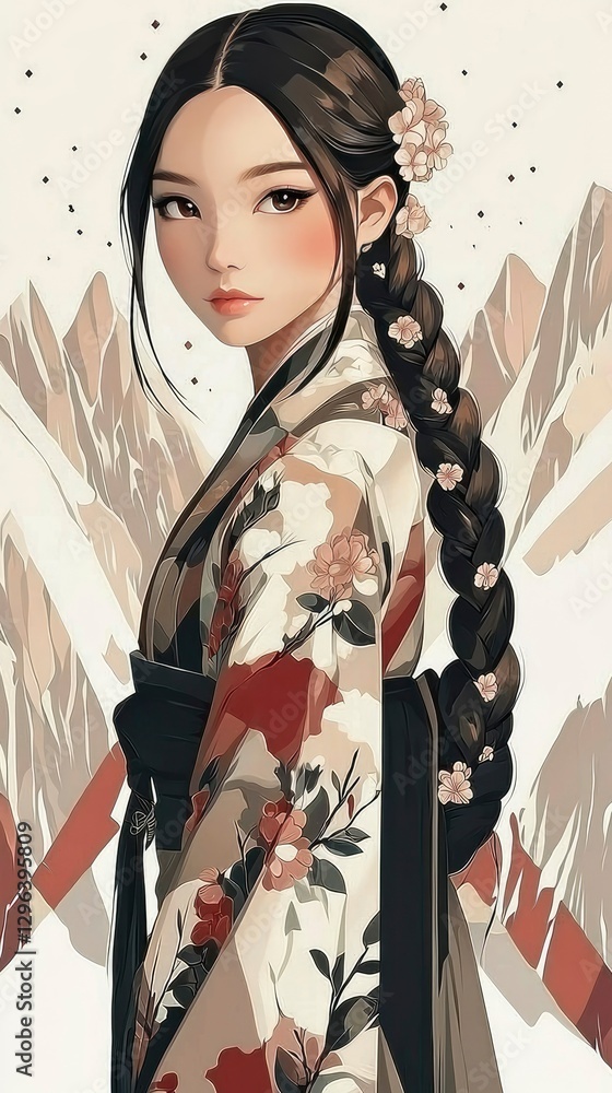 Fototapeta premium Elegant Anime Woman in Traditional Kimono with Mountain Landscape