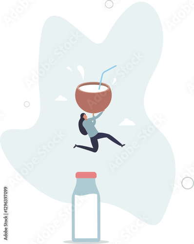 Woman with coconut milk. Delicious and healthy food, taking care of your health.flat character life .