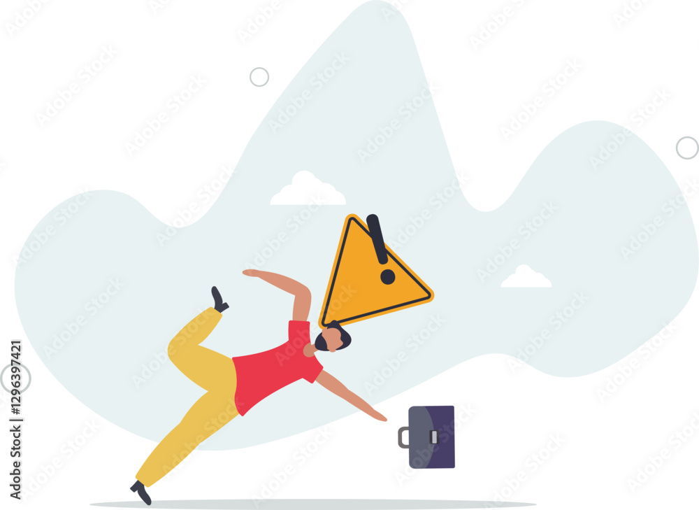 Fototapeta premium Caution or mistake attention, risk alarm with exclamation point symbol, error or failure warning, bankruptcy notice alert, problem attention concept.flat character life .