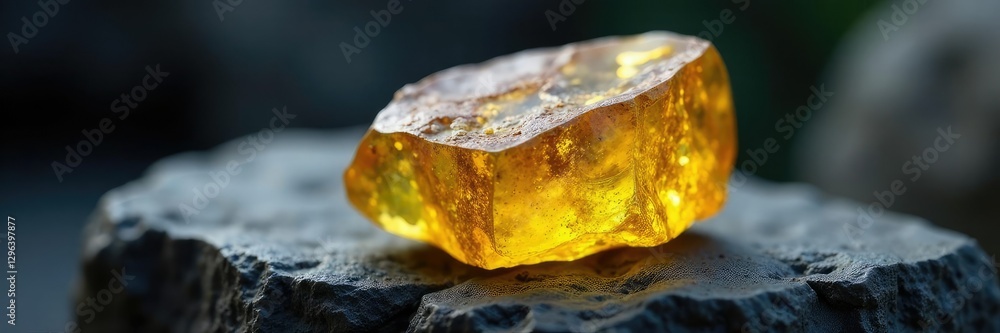 Rough yellow topaz chunk with pits on black granite, geological formation, pits, natural Rough yellow topaz chunk with pits on black granite, geological formation, pits, natural