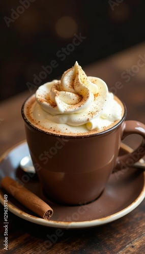 Rich hot chocolate topped with fluffy whipped cream and a sprinkle of cinnamon, hot chocolate, toppings, condiment