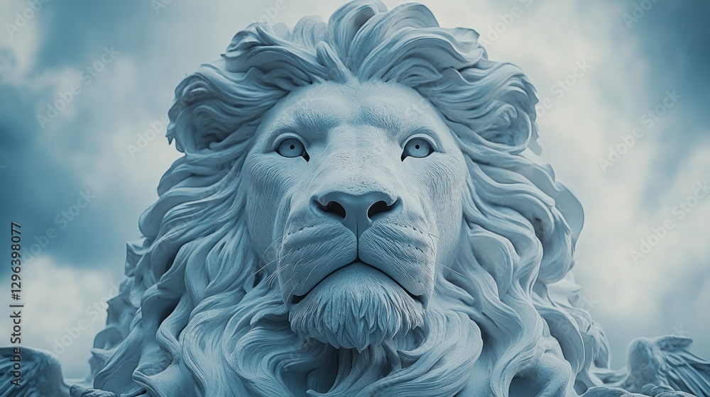 Majestic white lion statue head against a cloudy sky. Majestic white lion statue head against a cloudy sky.