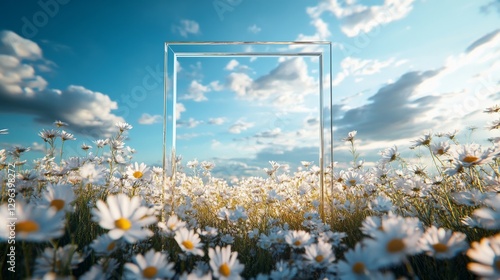 A Clear Glass Frame Over Field Of Beautiful White Daisies