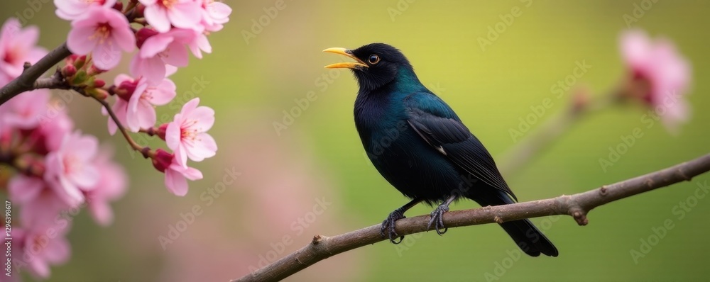 Fototapeta premium Black starling, open beak, spring blossoms, branch, spring, leaf