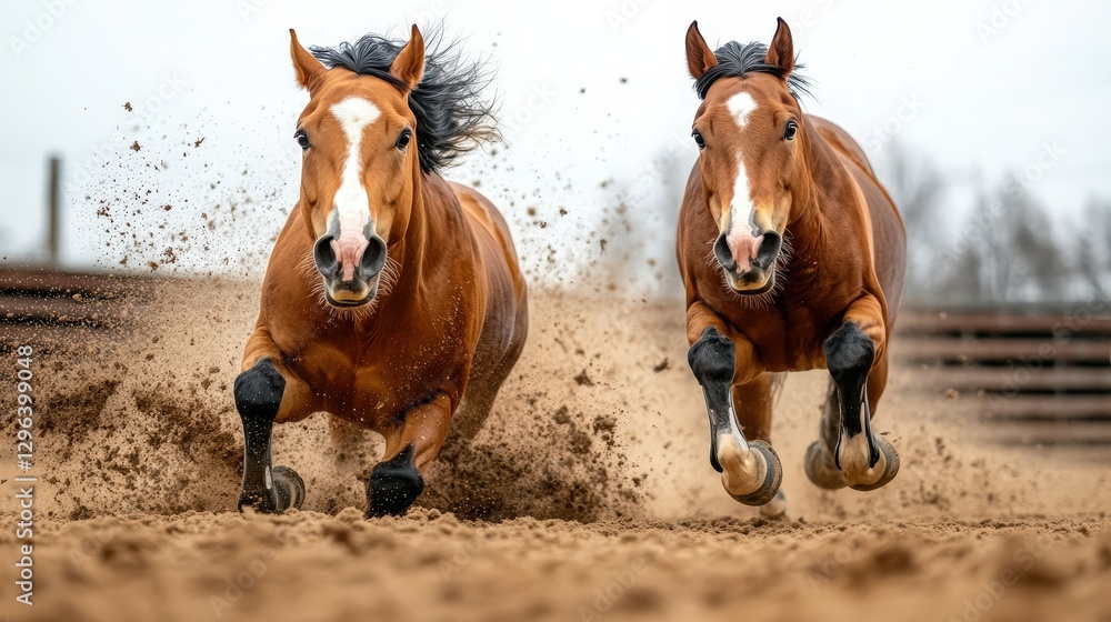 Fototapeta premium This dynamic image showcases two energetic horses racing through sandy terrain, emphasizing their speed, grace, and the powerful bond between rider and steed in an enthralling scene.