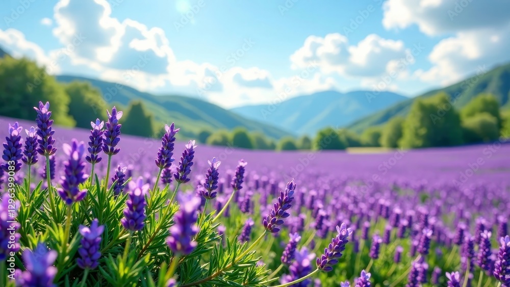 Serene Lavender Field Basking in Sunlight, a Picturesque Landscape of Purple Blossoms Under a Blue Sky with Rolling Hills in the Distance Serene Lavender Field Basking in Sunlight, a Picturesque Landscape of Purple Blossoms Under a Blue Sky with Rolling Hills in the Distance
