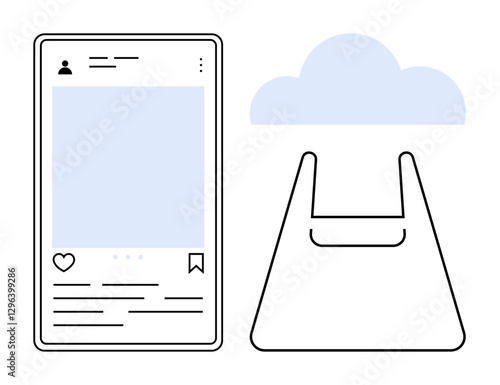 Smartphone screen displaying a social media post next to a shopping bag under a cloud. Ideal for e-commerce, digital marketing, online shopping, social media integration, cloud services, consumer